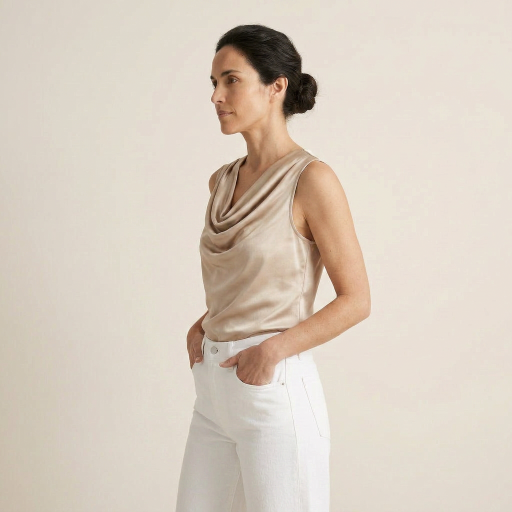 Top Femme Satin Sans Manches Col Cascade Coupe Fluide
