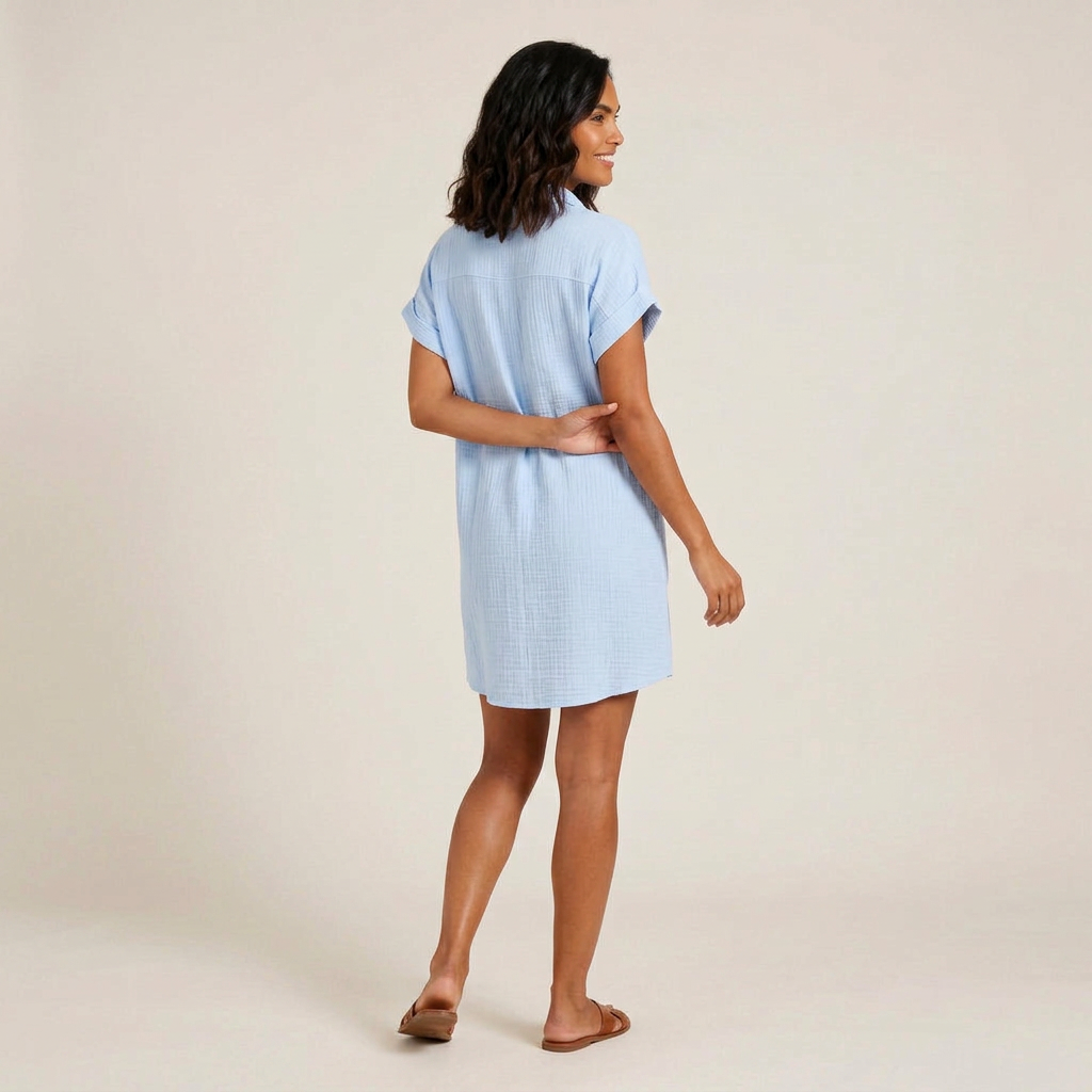 Robe Chemise Femme en Mousseline de Coton, Boutons Bois et Poches