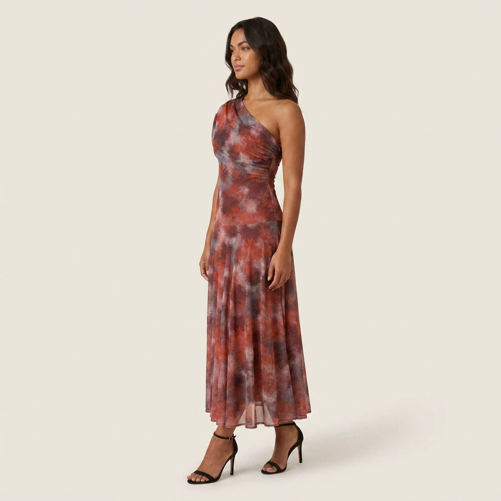 Robe Midi Asymétrique Un Seul Épaule Effet Gaze