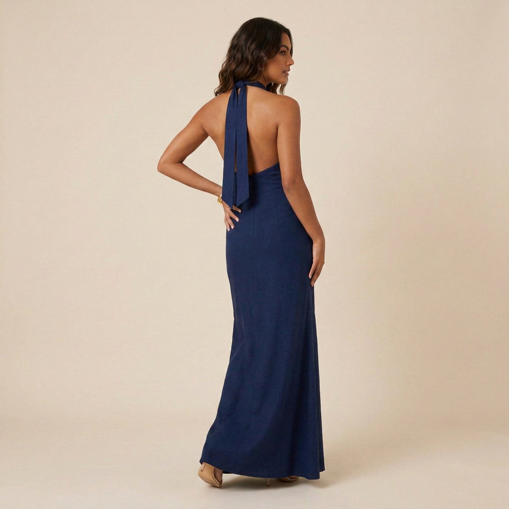Robe Longue Femme Col Halter Dos Nu Décolleté en V