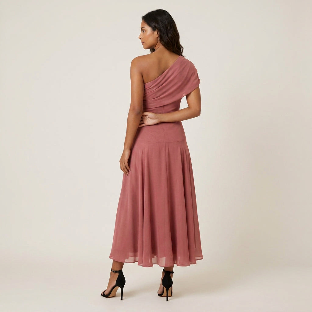 Robe Midi Asymétrique Un Seul Épaule Effet Gaze