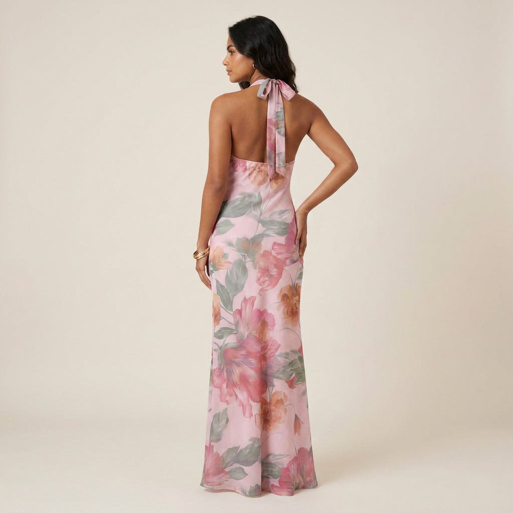 Robe Longue Femme Col Halter Dos Nu Décolleté en V