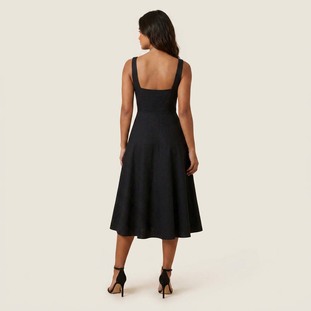 Robe Midi Femme Décolleté Carré Jupe Évasée