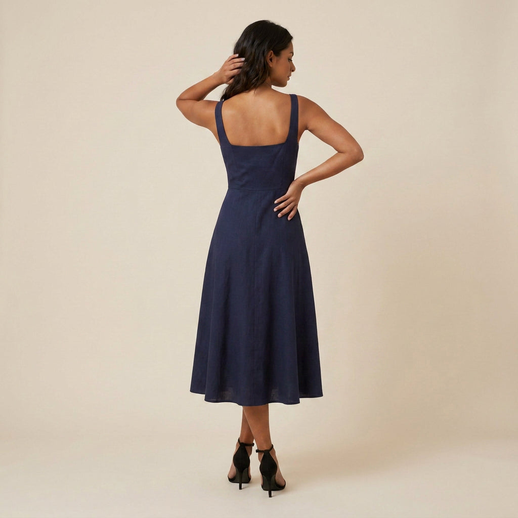 Robe Midi Femme Décolleté Carré Jupe Évasée