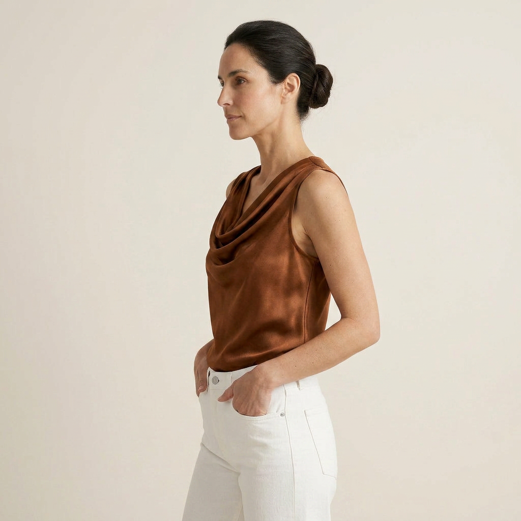 Top Femme Satin Sans Manches Col Cascade Coupe Fluide