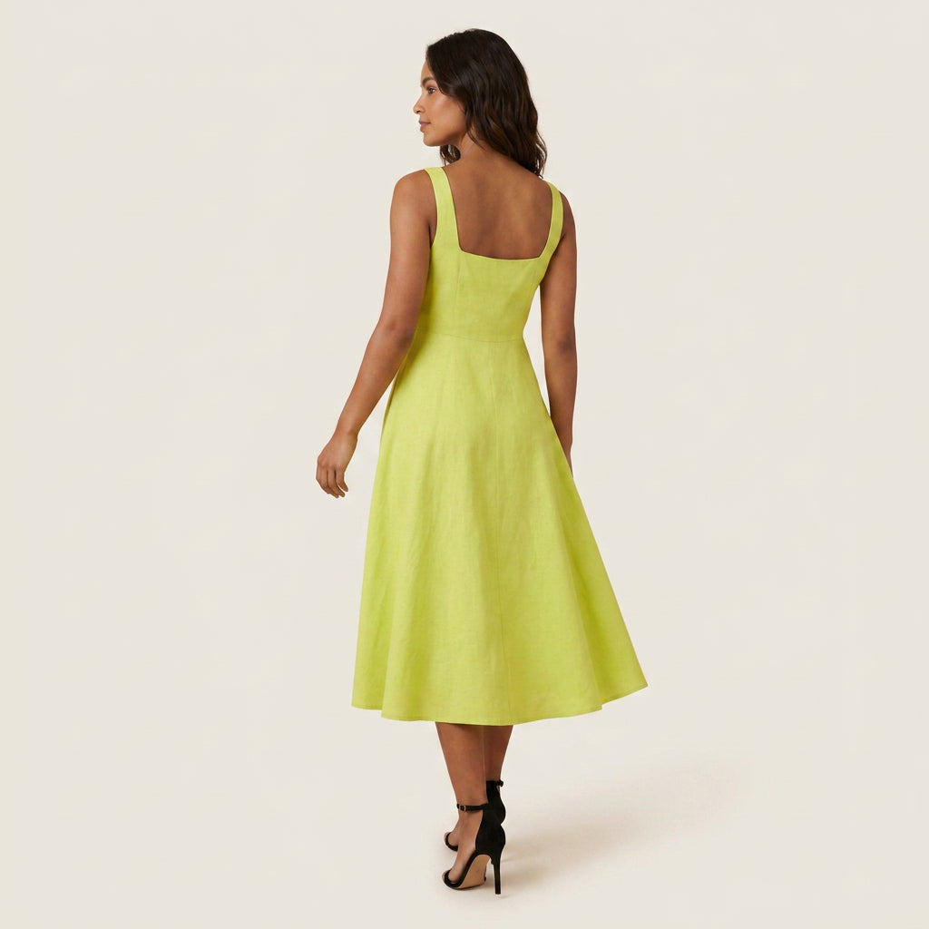 Robe Midi Femme Décolleté Carré Jupe Évasée