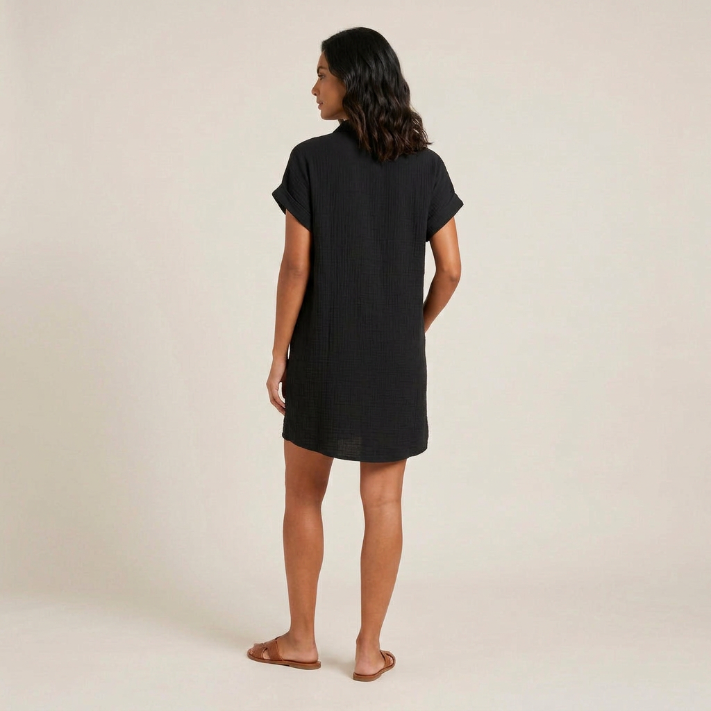 Robe Chemise Femme en Mousseline de Coton, Boutons Bois et Poches