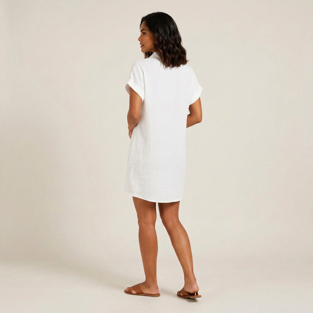 Robe Chemise Femme en Mousseline de Coton, Boutons Bois et Poches