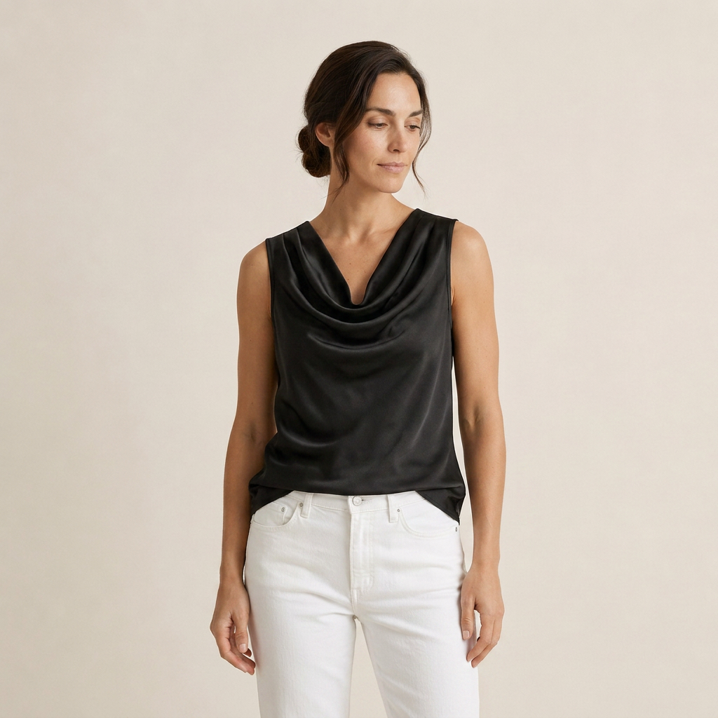 Top Femme Satin Sans Manches Col Cascade Coupe Fluide