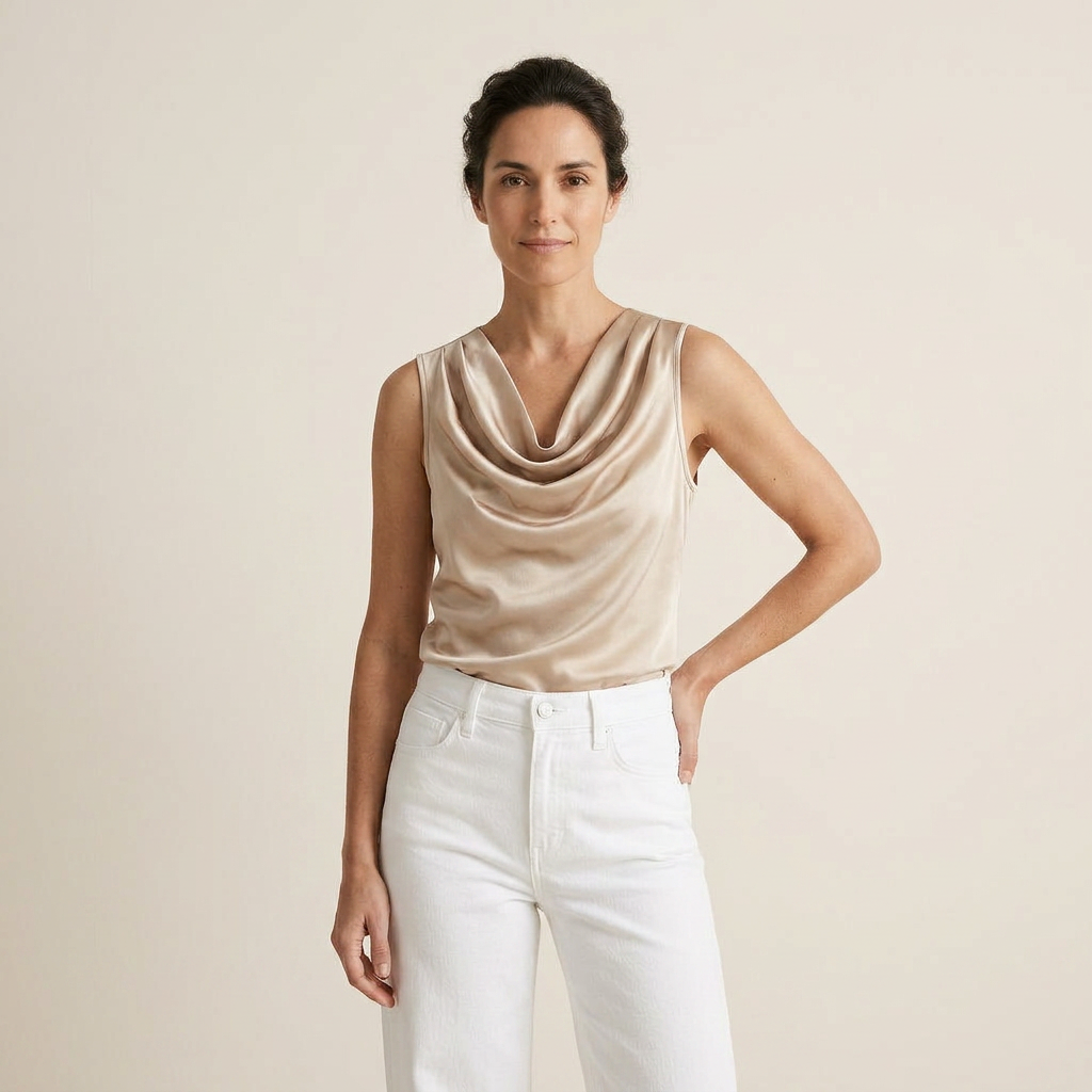 Top Femme Satin Sans Manches Col Cascade Coupe Fluide