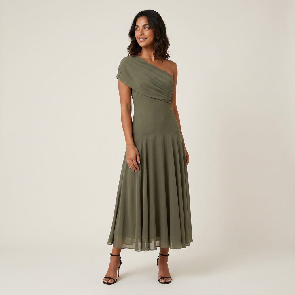 Robe Midi Asymétrique Un Seul Épaule Effet Gaze