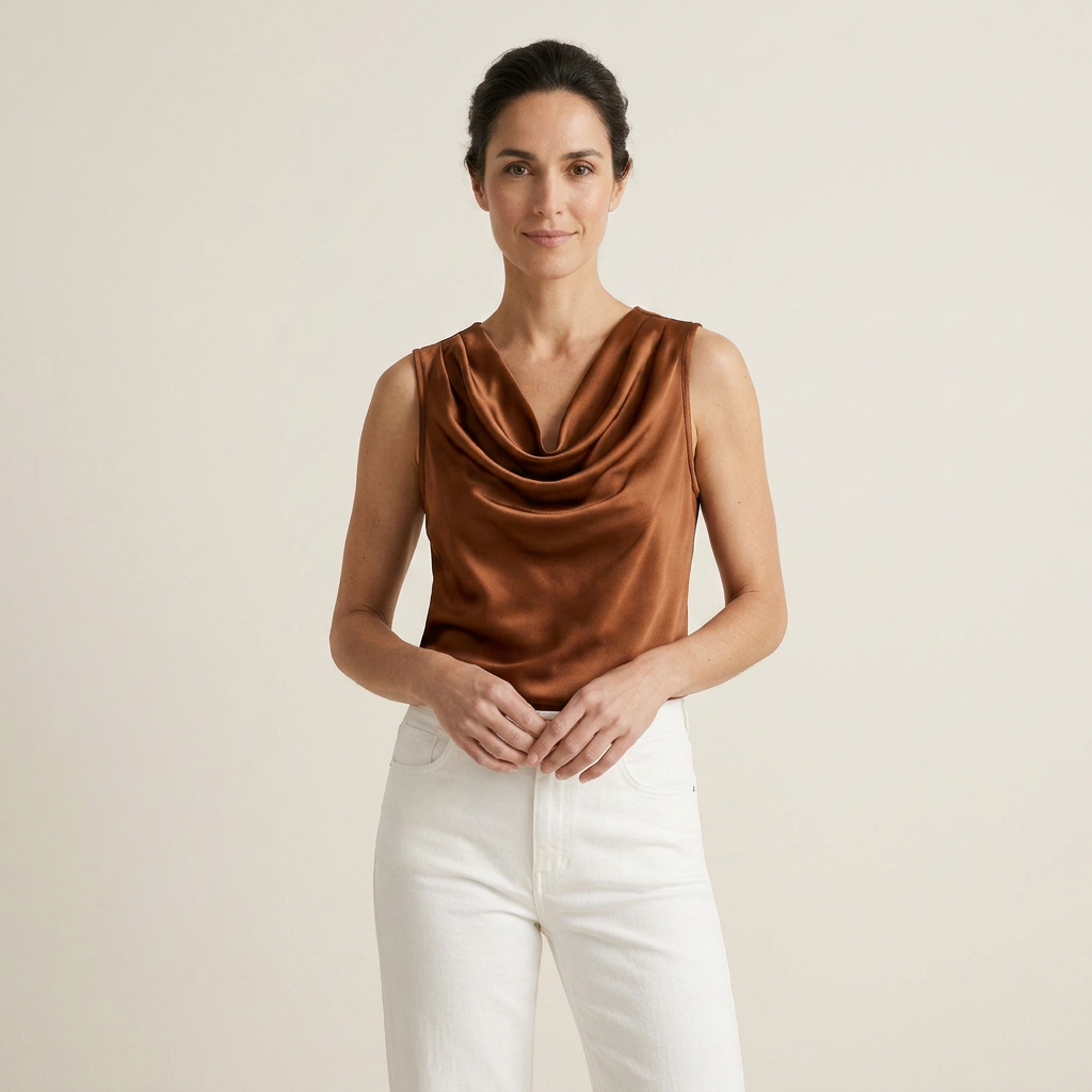 Top Femme Satin Sans Manches Col Cascade Coupe Fluide