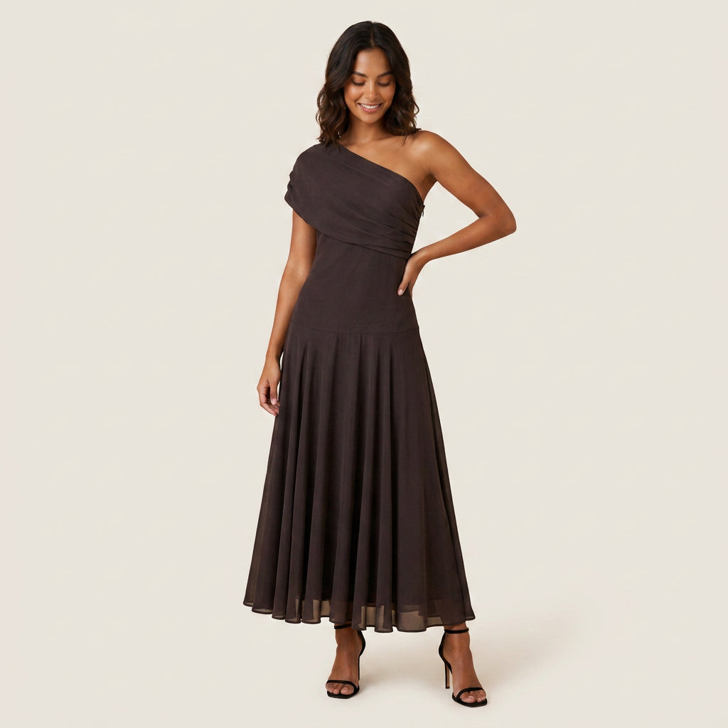 Robe Midi Asymétrique Un Seul Épaule Effet Gaze