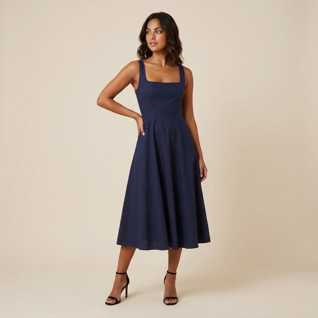 Robe Midi Femme Décolleté Carré Jupe Évasée