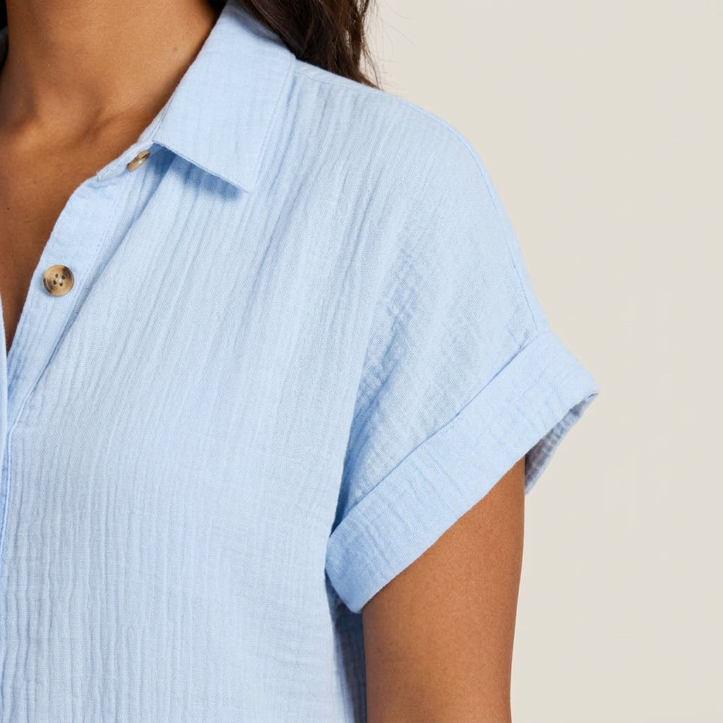 Robe Chemise Femme en Mousseline de Coton, Boutons Bois et Poches