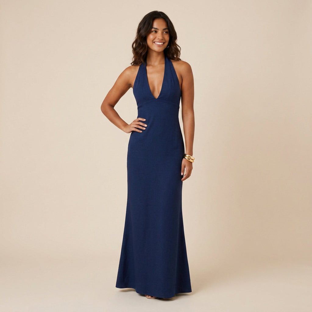 Robe Longue Femme Col Halter Dos Nu Décolleté en V