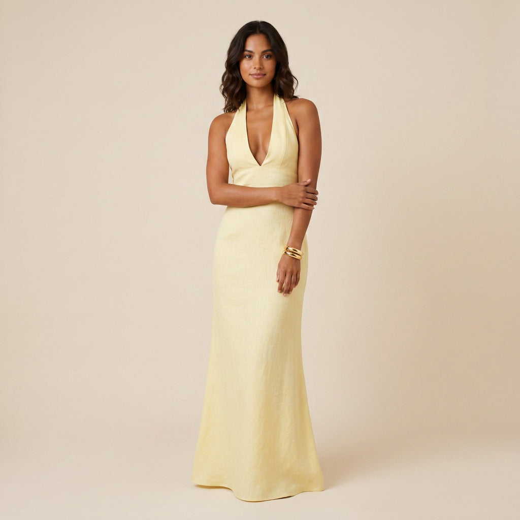 Robe Longue Femme Col Halter Dos Nu Décolleté en V
