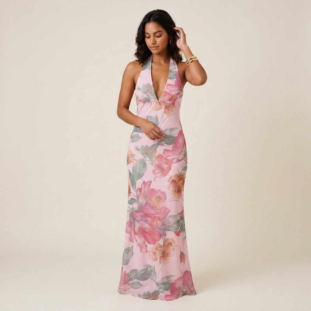 Robe Longue Femme Col Halter Dos Nu Décolleté en V