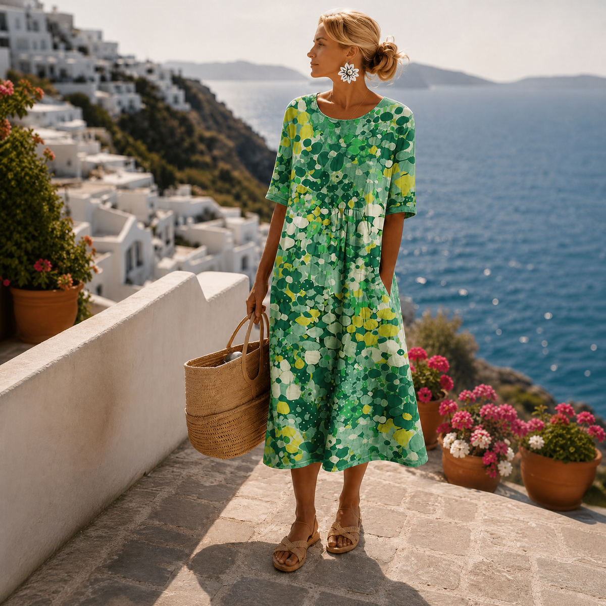Robe Midi Fleurie Femme en Polyester, Manches Courtes
