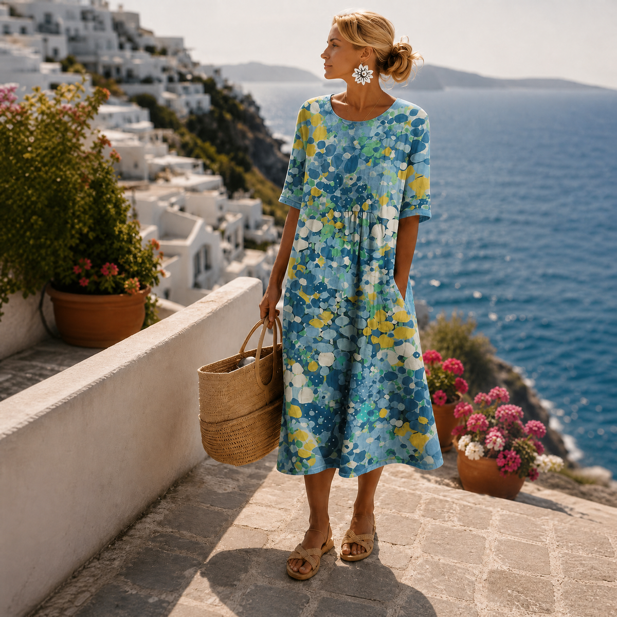 Robe Midi Fleurie Femme en Polyester, Manches Courtes