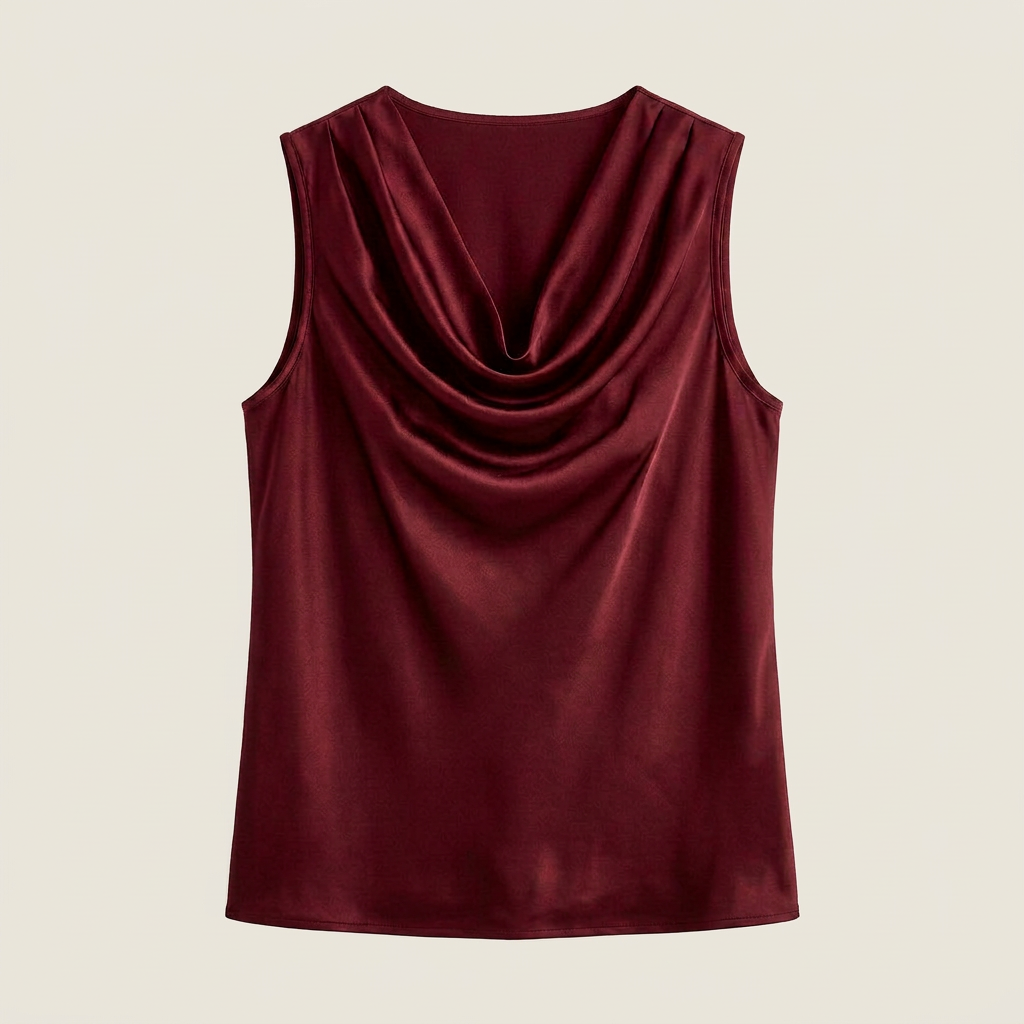 Top Femme Satin Sans Manches Col Cascade Coupe Fluide