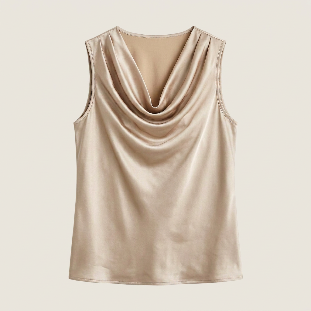 Top Femme Satin Sans Manches Col Cascade Coupe Fluide
