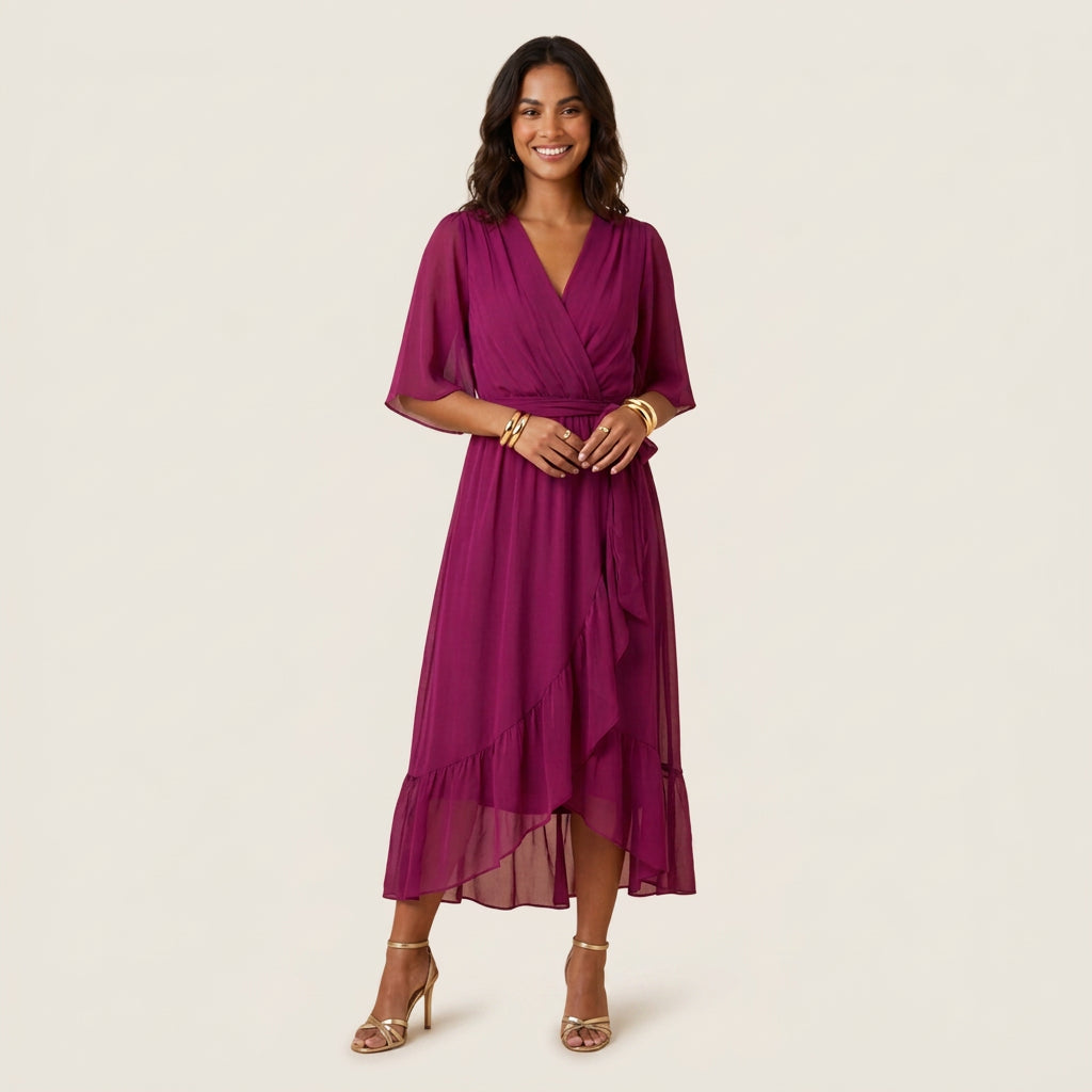 Robe Midi Cache-Cœur Effet Gaze à Volant pour Femme