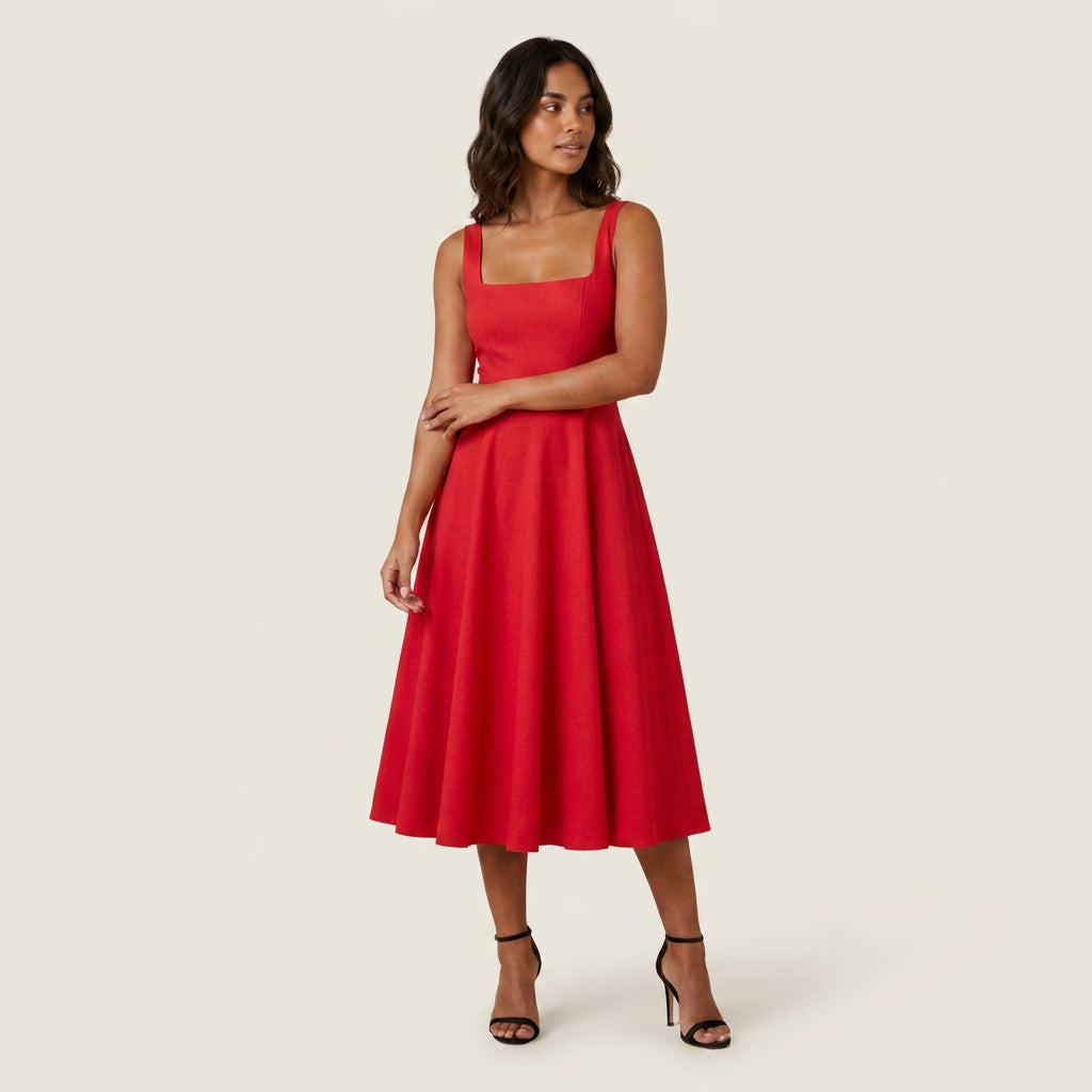 Robe Midi Femme Décolleté Carré Jupe Évasée