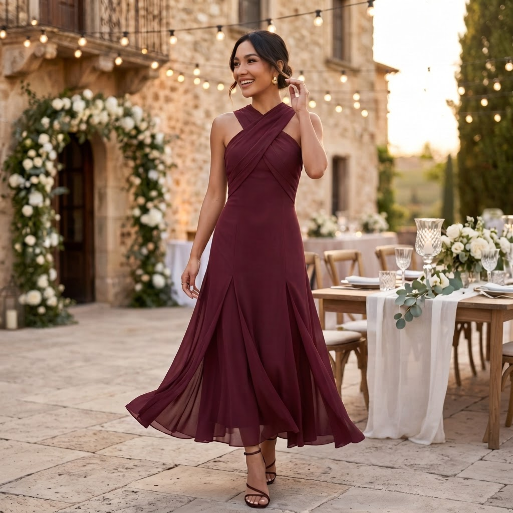 Robe Longue Femme Invitée Mariage en Gaze Fluide avec Nœud