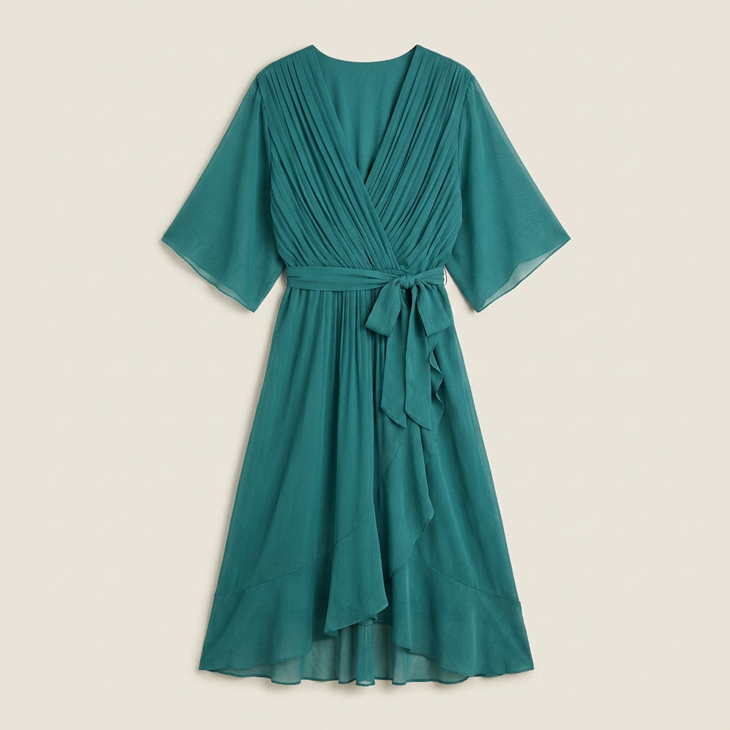 Robe Midi Cache-Cœur Effet Gaze à Volant pour Femme