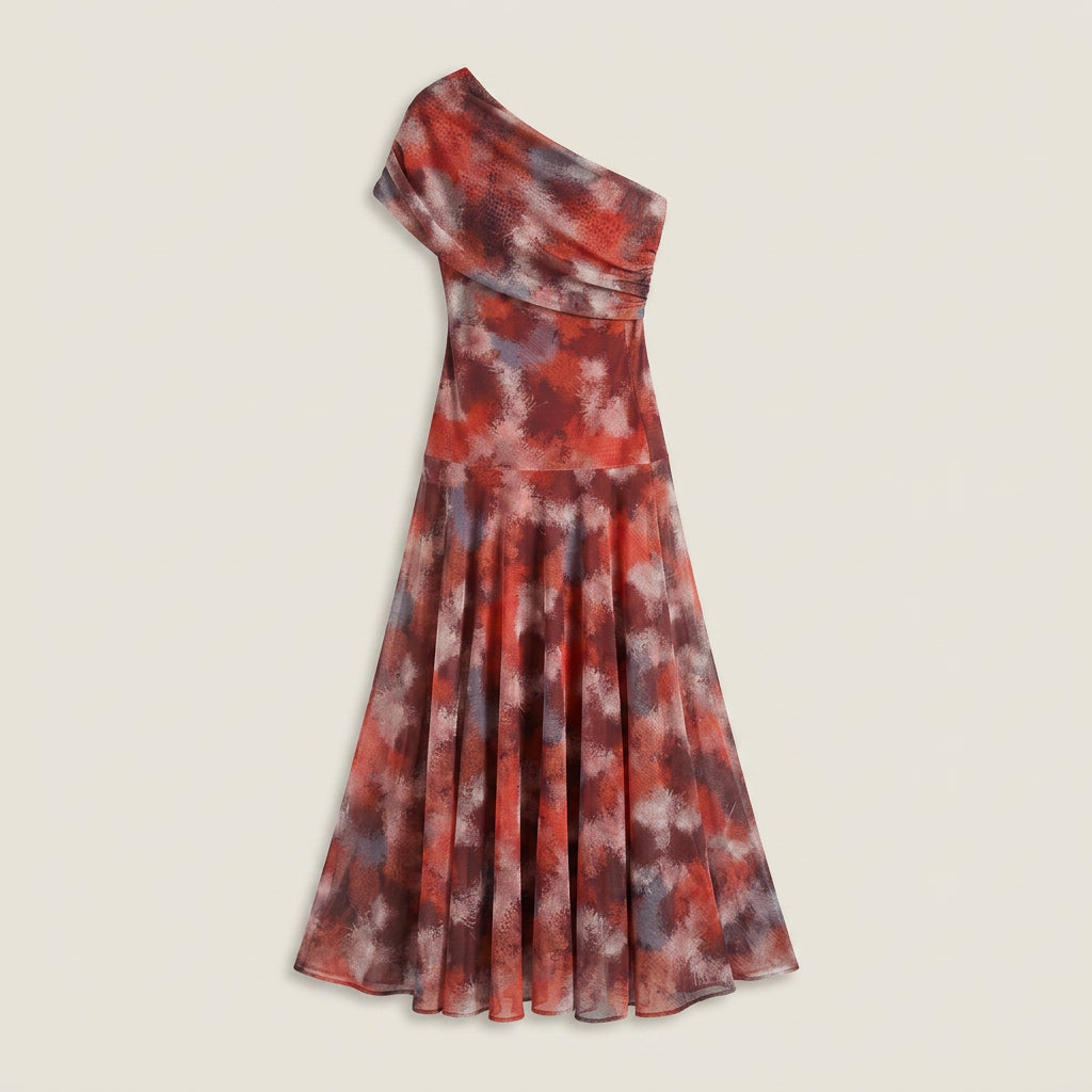 Robe Midi Asymétrique Un Seul Épaule Effet Gaze