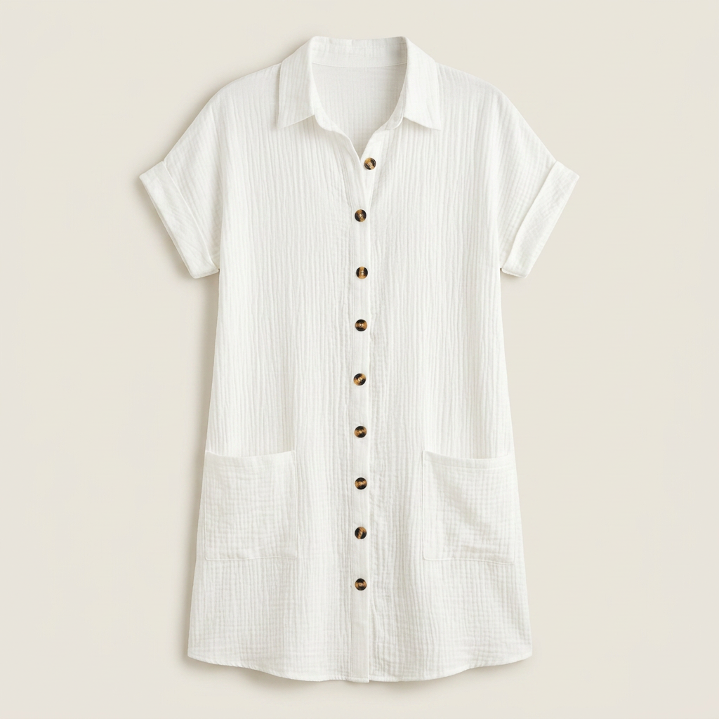 Robe Chemise Femme en Mousseline de Coton, Boutons Bois et Poches