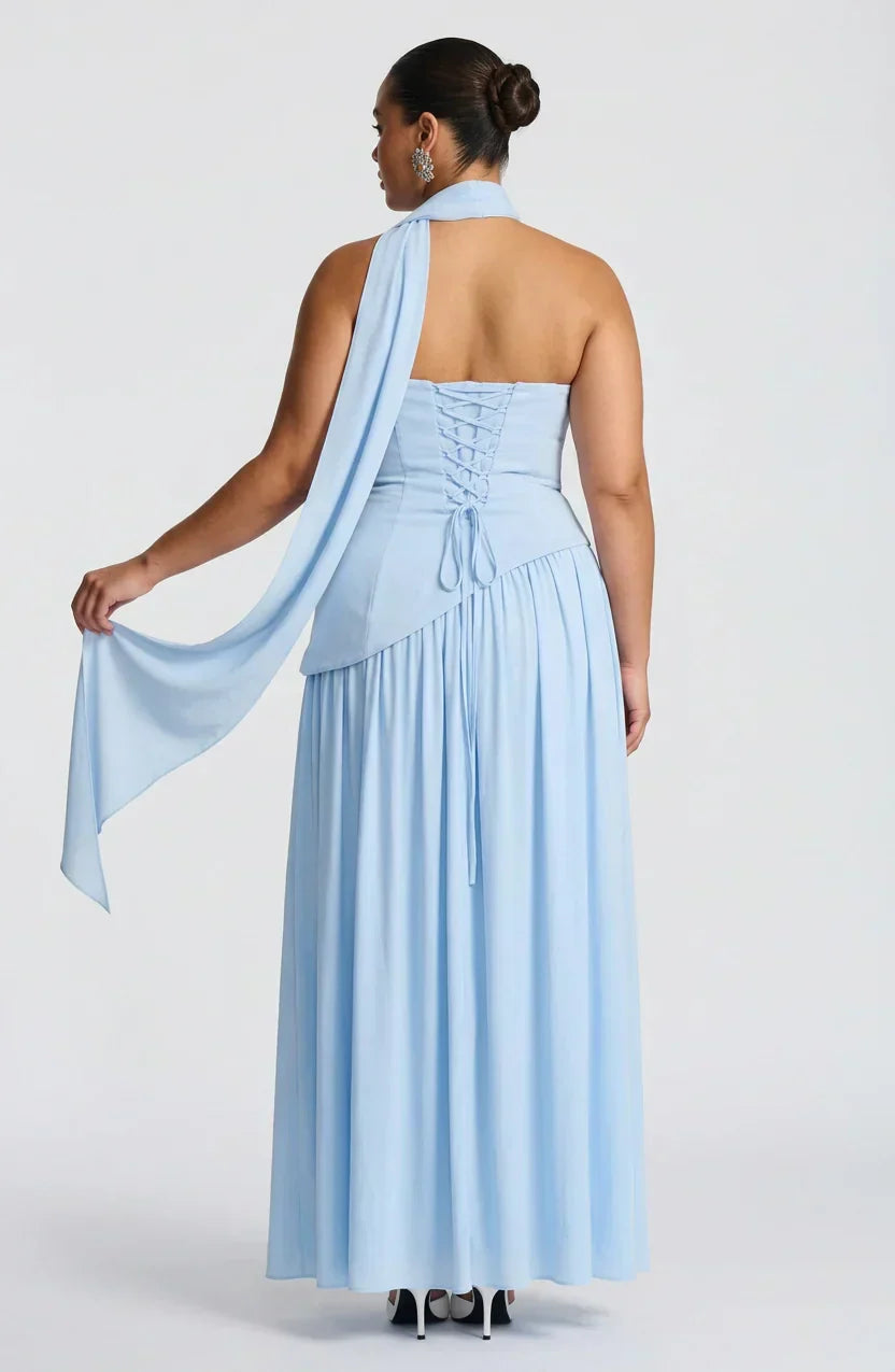 Robe Longue Bustier Noire et Blanche à Fente Asymétrique