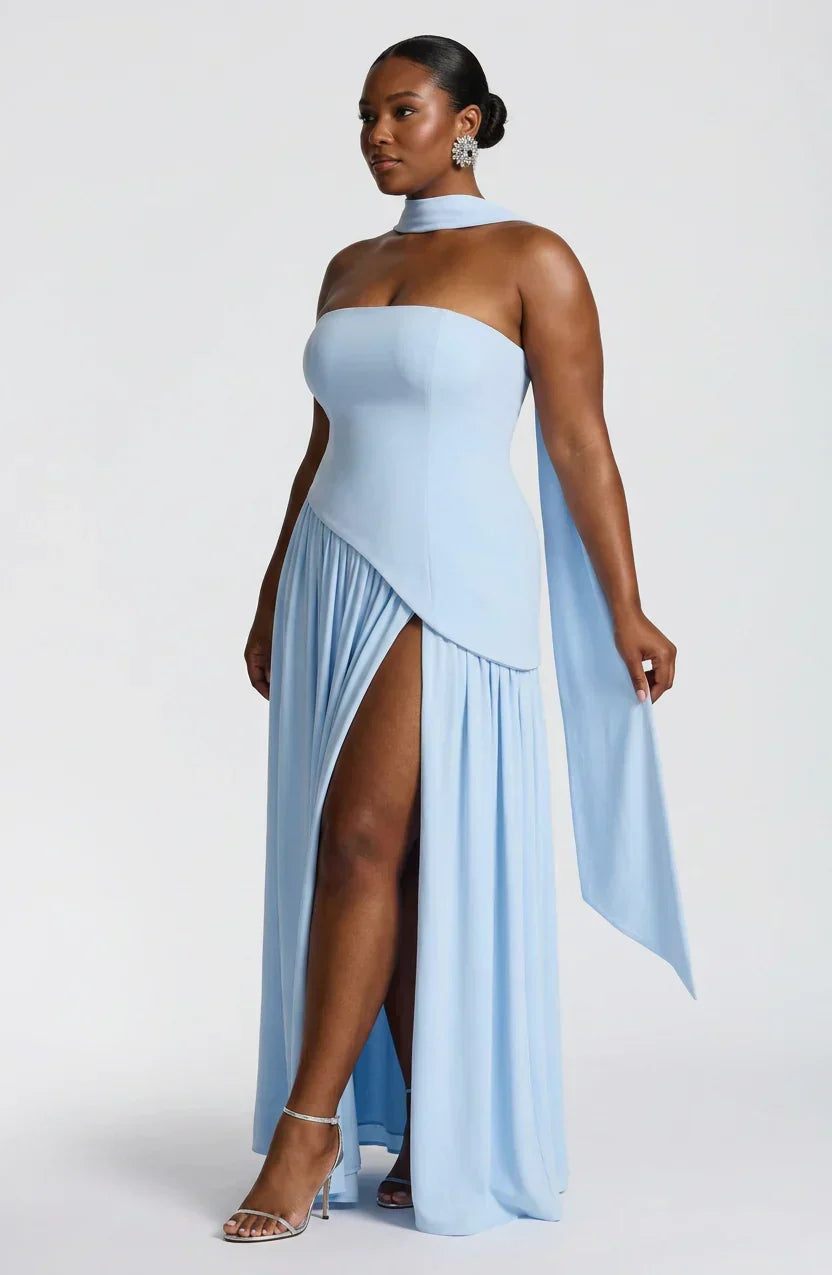 Robe Longue Bustier Noire et Blanche à Fente Asymétrique