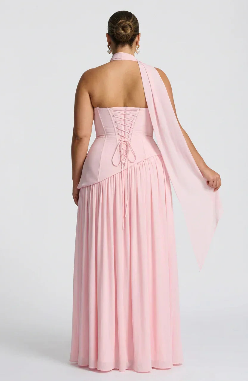 Robe Longue Bustier Noire et Blanche à Fente Asymétrique