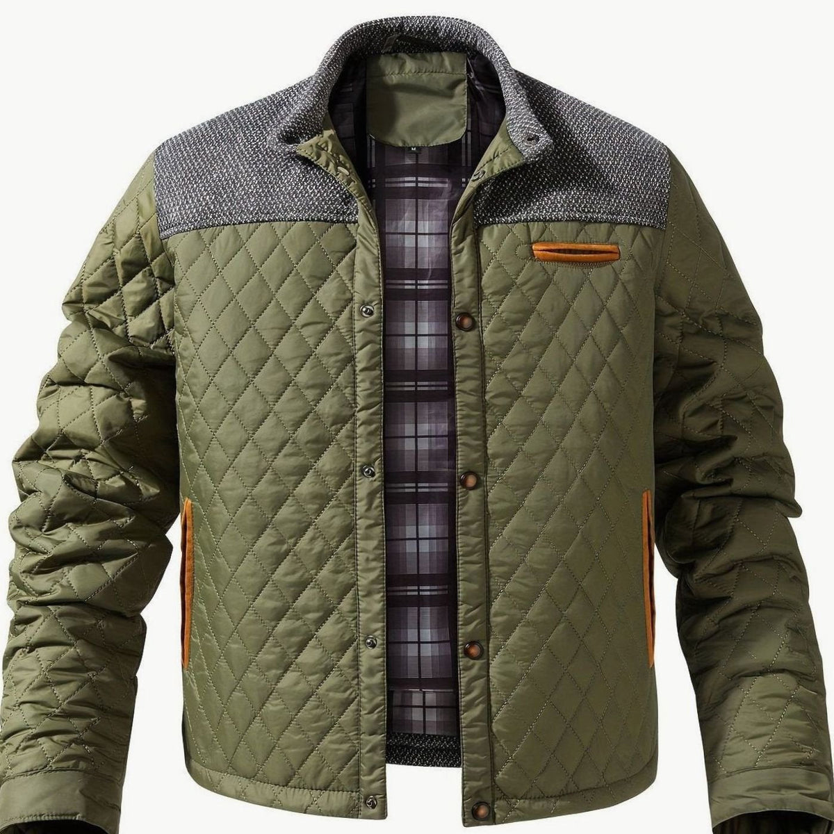 Veste Homme Matelassée Col Montant à Pressions, Doublure Flanelle