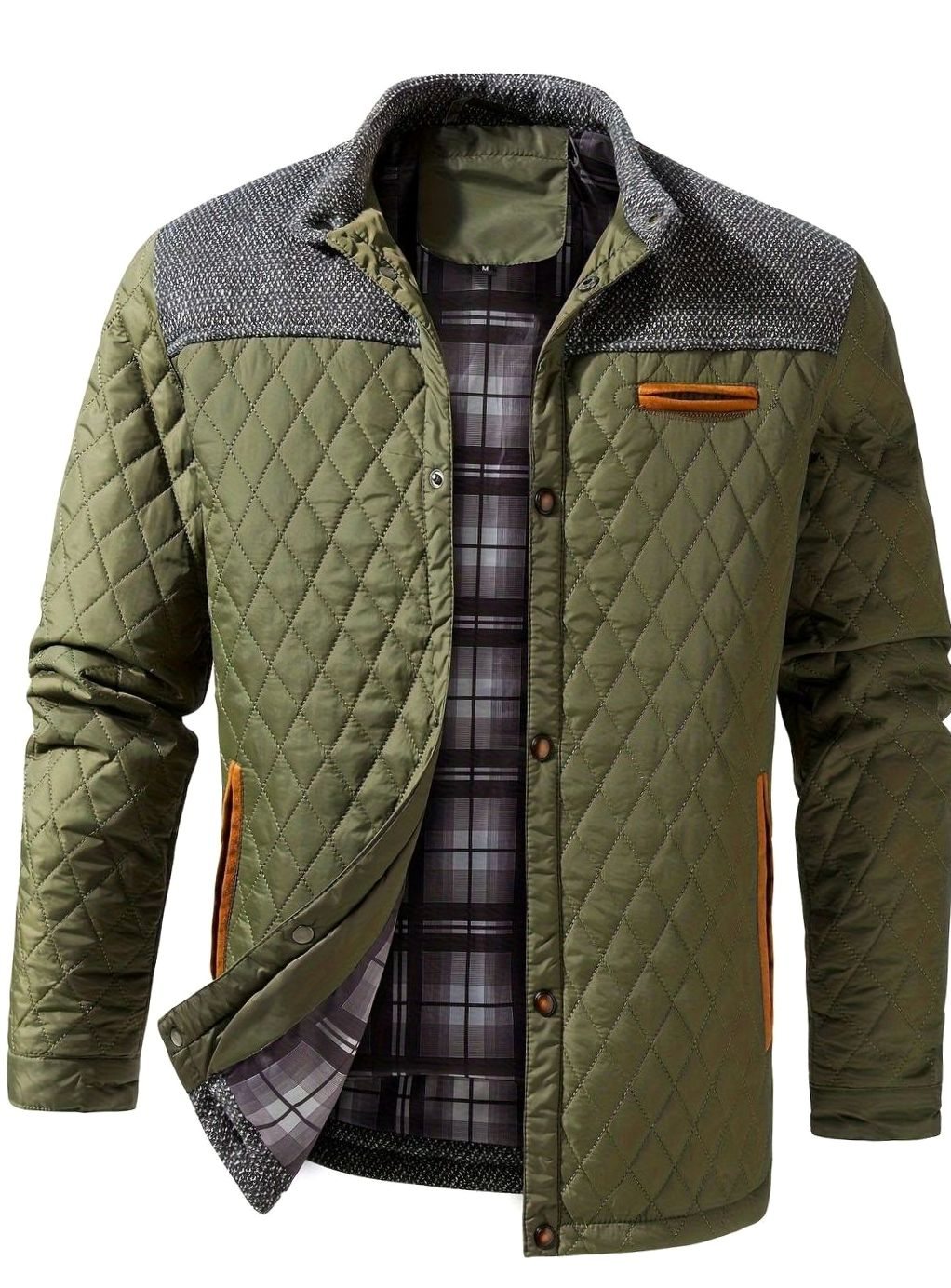 Veste Homme Matelassée Col Montant à Pressions, Doublure Flanelle