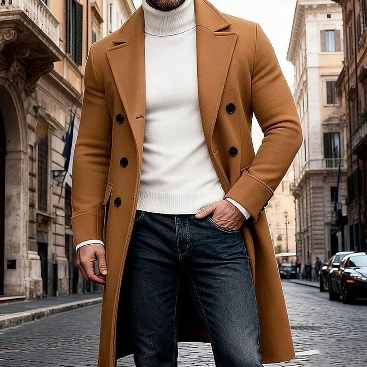 Manteau Long Homme en Laine Croisée – Coupe Ajustée
