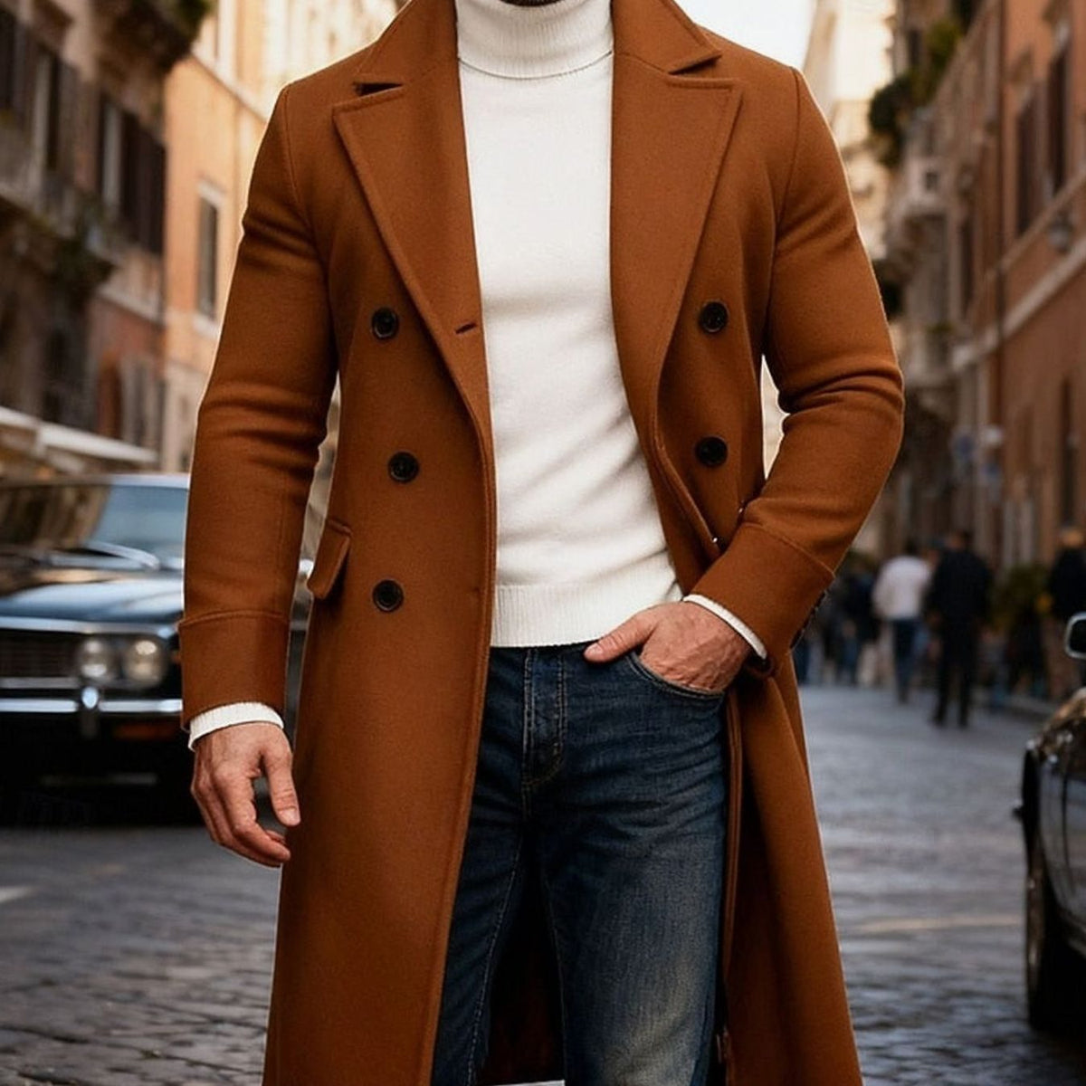 Manteau Long Homme en Laine Croisée – Coupe Ajustée
