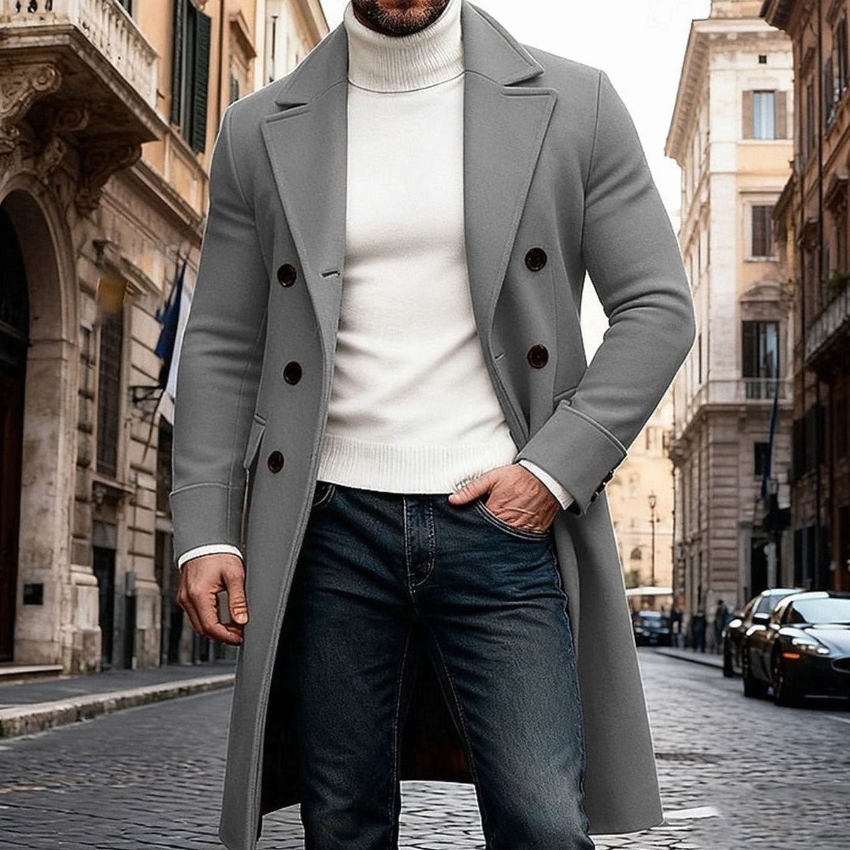 Manteau Long Homme en Laine Croisée – Coupe Ajustée