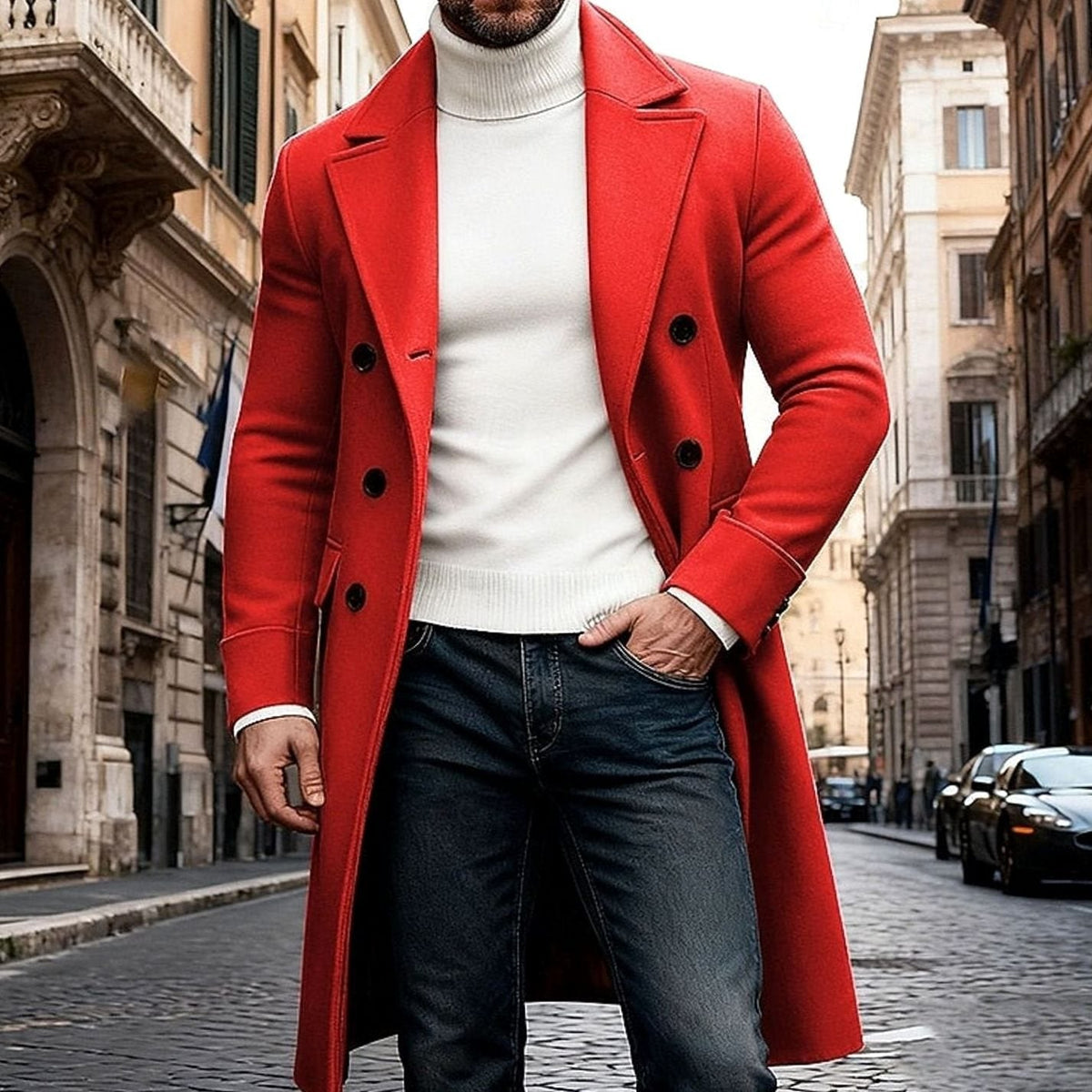 Manteau Long Homme en Laine Croisée – Coupe Ajustée