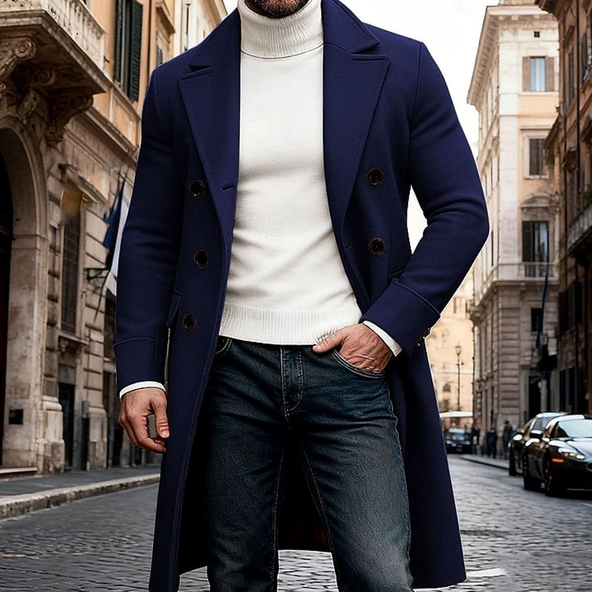Manteau Long Homme en Laine Croisée – Coupe Ajustée