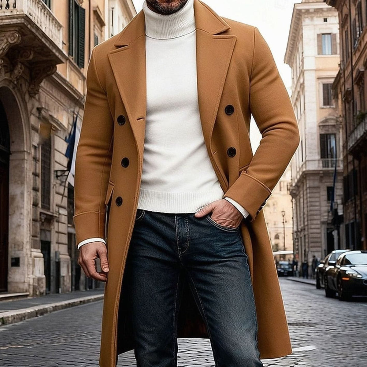 Manteau Long Homme en Laine Croisée – Coupe Ajustée