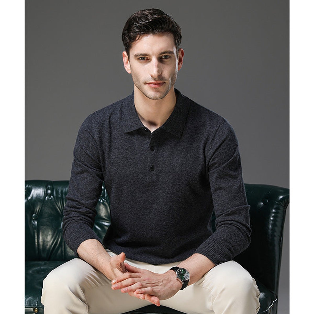 Pull Col Polo Homme en Cachemire, Fermeture Boutonnée et Manches Longues