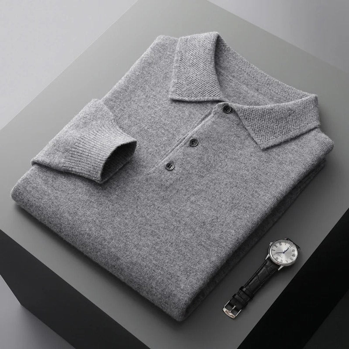 Pull Col Polo Homme en Cachemire, Fermeture Boutonnée et Manches Longues