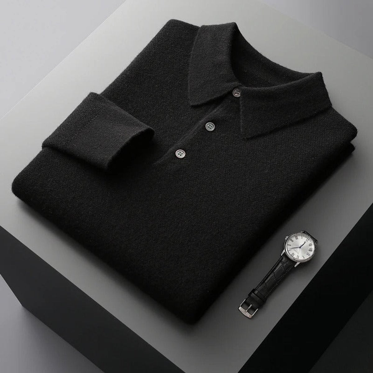 Pull Col Polo Homme en Cachemire, Fermeture Boutonnée et Manches Longues