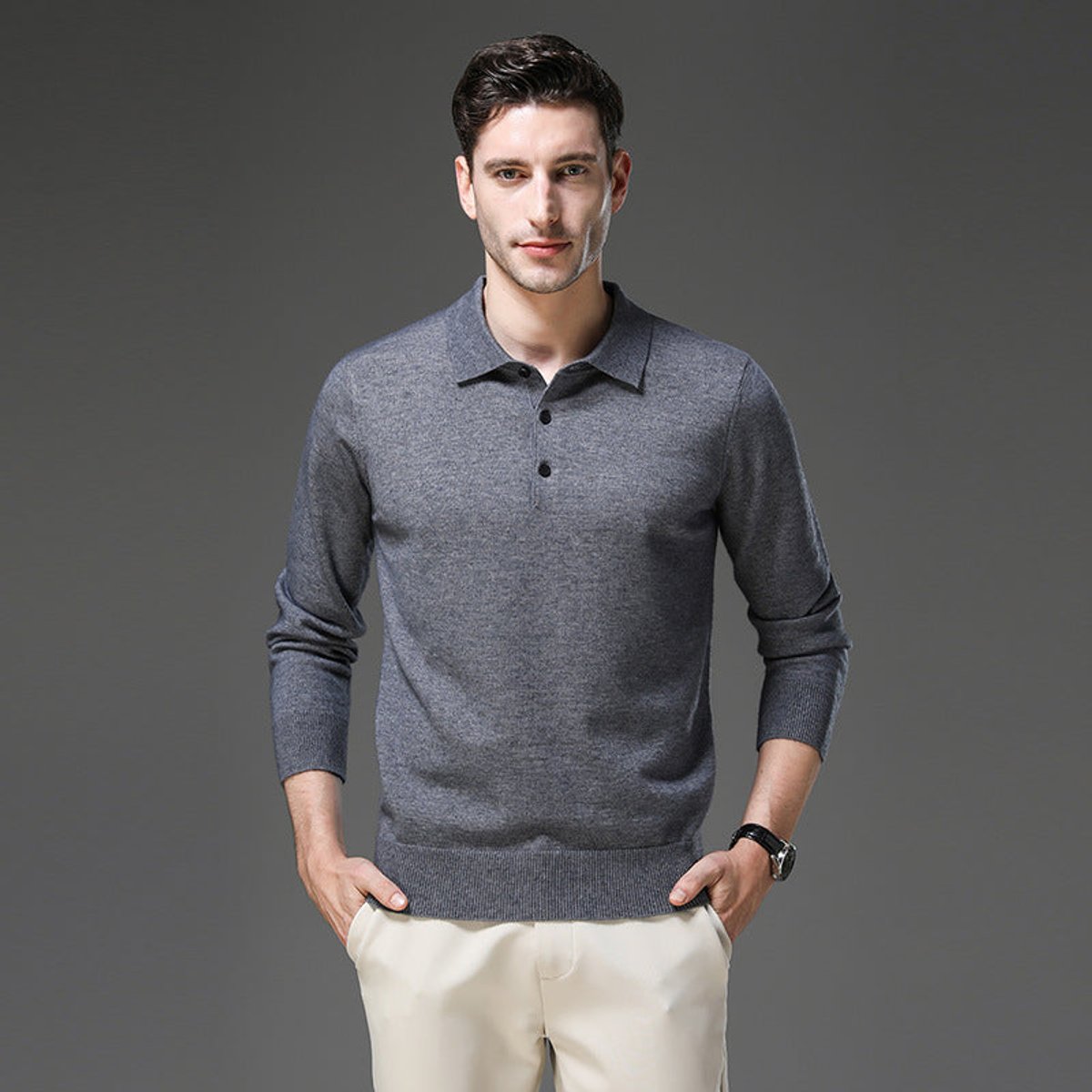 Pull Col Polo Homme en Cachemire, Fermeture Boutonnée et Manches Longues