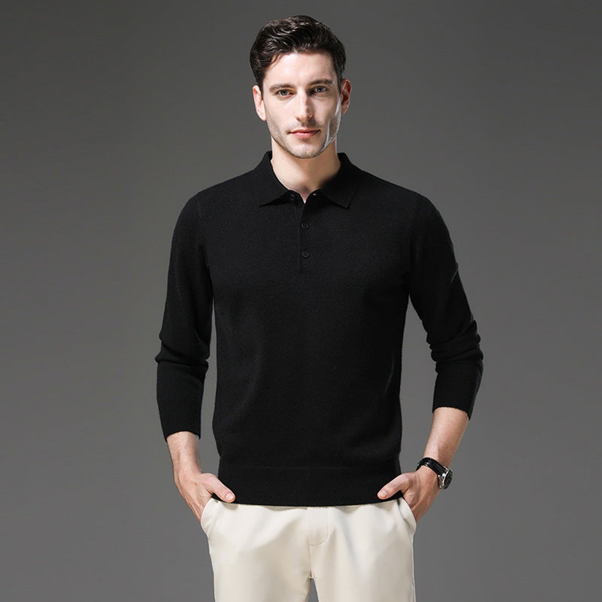 Pull Col Polo Homme en Cachemire, Fermeture Boutonnée et Manches Longues