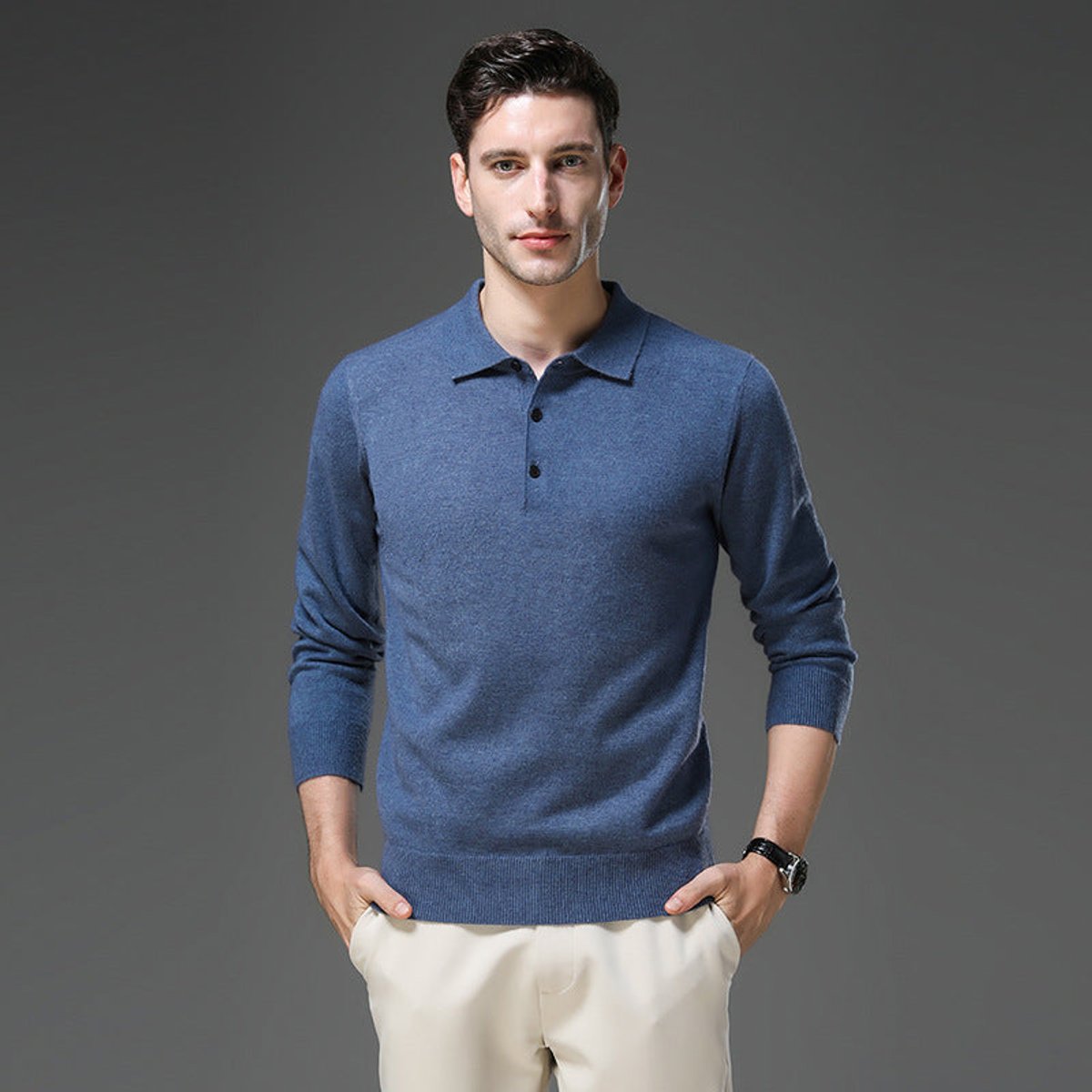 Pull Col Polo Homme en Cachemire, Fermeture Boutonnée et Manches Longues