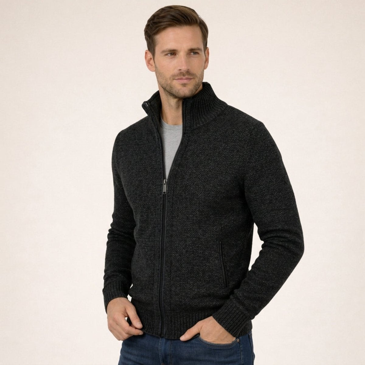 Pull Homme Laine Mérinos Zippé Col Montant